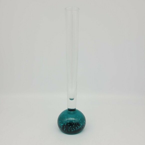 Vintage Teal Bubble Base Blown Glass Vase Narrow Mid Century Modern Smooth 8" - Picture 7 of 11